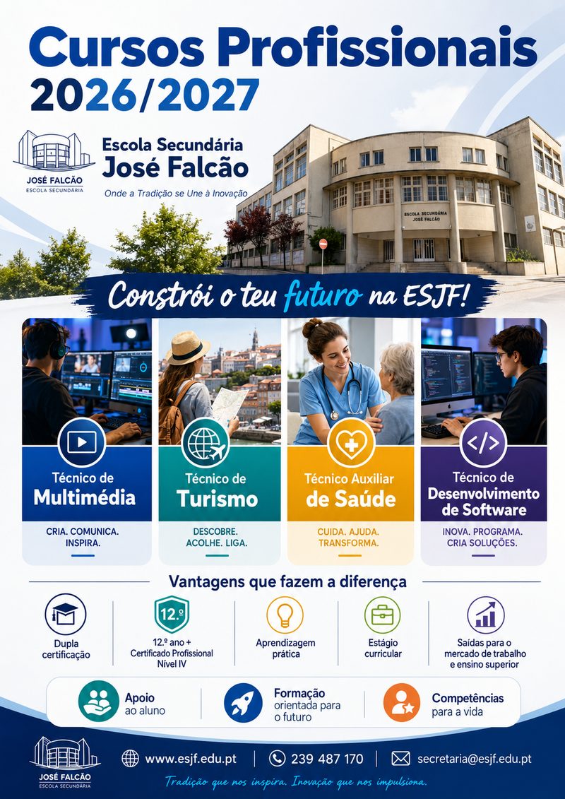 Cursos Profissionais 2026/2027 — Multimédia, Turismo, Auxiliar de Saúde e Desenvolvimento de Software.