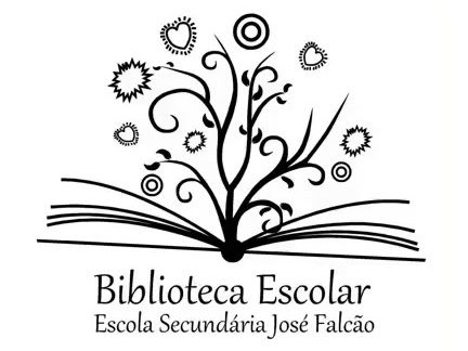 Logótipo da Biblioteca Escolar: uma árvore desenhada a traço preto a nascer de um livro aberto, com espirais e flores nos ramos, e por baixo o texto «Biblioteca Escolar — Escola Secundária José Falcão».