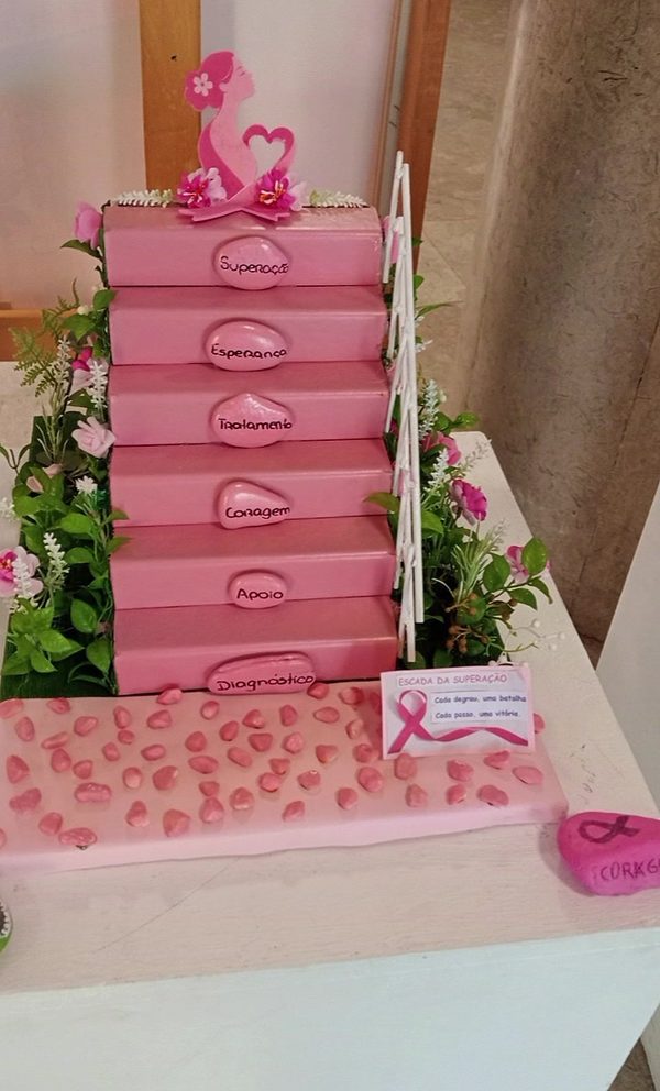«Escada da Superação»: seis degraus cor-de-rosa com as palavras Diagnóstico, Apoio, Coragem, Tratamento, Esperança e Superação, rodeados de flores, com um laço rosa e um coração no topo e a legenda «Cada degrau, uma batalha. Cada passo, uma vitória.»