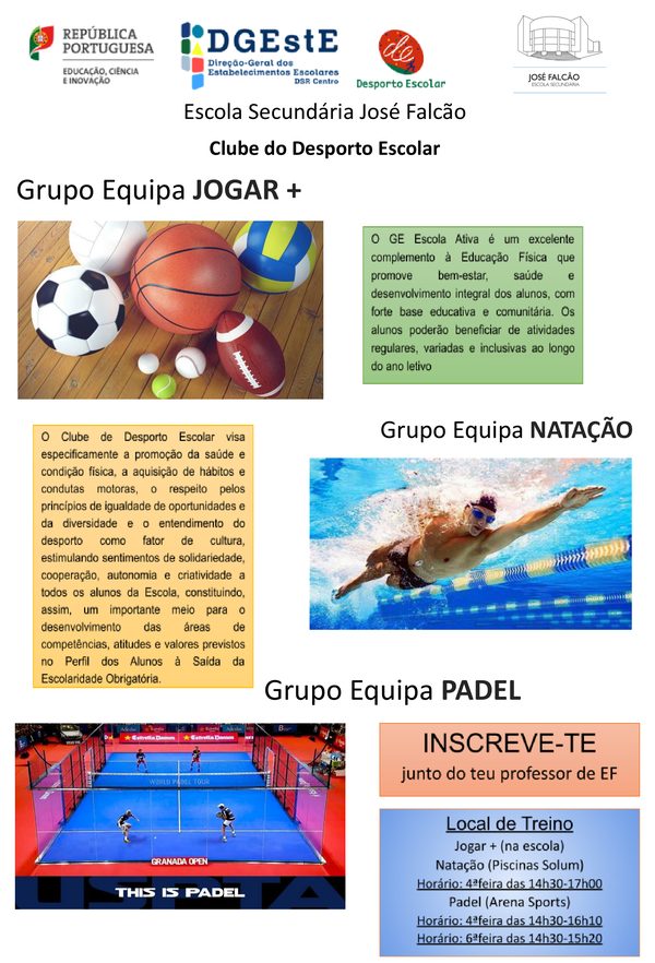 Cartaz do Clube do Desporto Escolar 2026/2027, com os grupos-equipa Jogar +, Natação e Padel, o apelo «Inscreve-te junto do teu professor de EF» e os locais e horários de treino.
